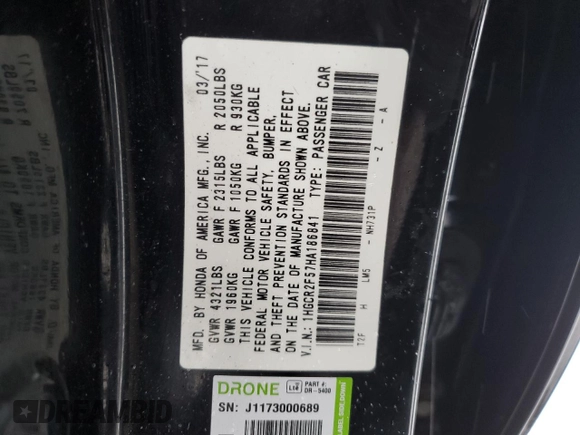 2017 Honda Accord Sedan Sport with VIN 1HGCR2F57HA186841, listed as a Copart auction lot 43878395 with 94,580 mi miles and Non Repairable. Bid and sale history available at carsss.com. Image 14.