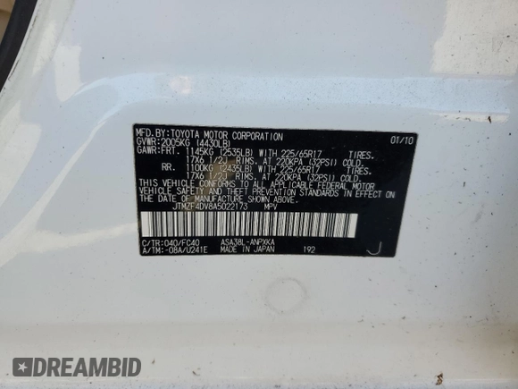 2010 Toyota RAV4 with VIN JTMZF4DV8A5022173, listed as a Copart auction lot 46663745 with 65,653 mi miles and Salvage Title. Bid and sale history available at carsss.com. Image 13.
