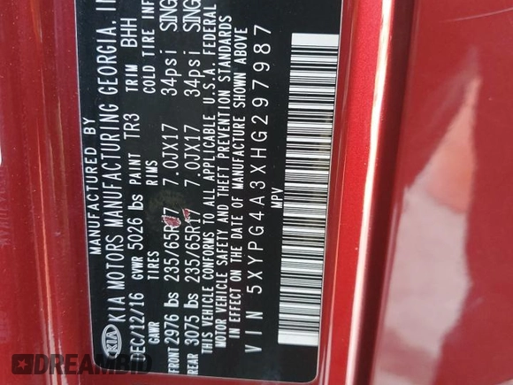 2017 Kia Sorento LX with VIN 5XYPG4A3XHG297987, listed as a Copart auction lot 50171545 with 108,048 mi miles and Salvage Title. Bid and sale history available at carsss.com. Image 12.