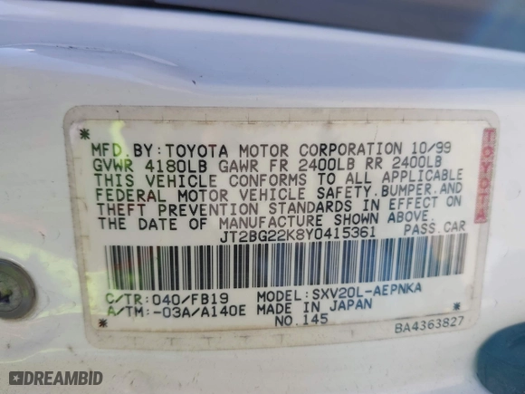 2000 Toyota Camry CE with VIN JT2BG22K8Y0415361, listed as a IAAI auction lot 41760193 with 250,333 mi miles. Bid and sale history available at carsss.com. Image 9.