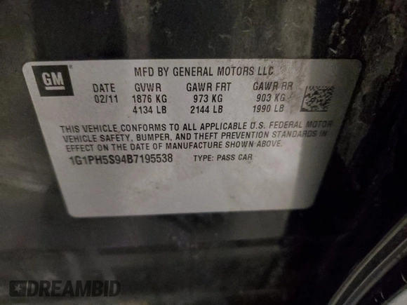 2011 Chevrolet Cruze LTZ with VIN 1G1PH5S94B7195538, listed as a Copart auction lot 49722775 with 226,946 mi miles and Salvage Title. Bid and sale history available at DreamBid. Image 12.