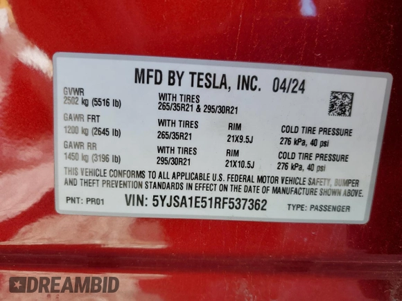 2024 Tesla Model S с VIN 5YJSA1E51RF537362, выставлен на аукционе Copart как лот 46931465 с пробегом 19 467 миль миль и Списание • Salvage title. История ставок и продаж доступна на DreamBid. Изображение 13.
