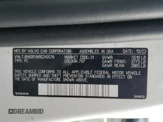 2024 Volvo S60 Plus Black Edition with VIN 7JRH60FHXRG310578, listed as a Copart auction lot 83423344 with Not provided miles and Clean title. Bid and sale history available at DreamBid. Image 12.