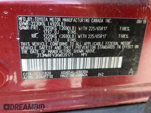 2019 Toyota RAV4 Hybrid LE with VIN 2T3MWRFV3KW039171, listed as a Copart auction lot 54837275 with Not provided miles and Clean title. Bid and sale history available at DreamBid. Image 13.