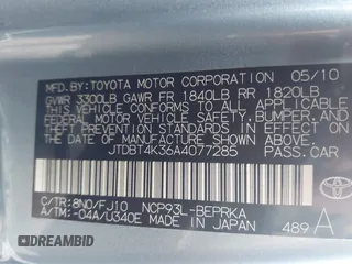 2010 Toyota Yaris с VIN JTDBT4K36A4077285, выставлен на аукционе IAAI как лот 42352822 с пробегом 143 486 миль миль и . История ставок и продаж доступна на DreamBid. Изображение 9.