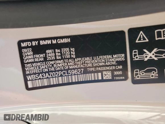 2023 BMW M4 Competition xDrive with VIN WBS43AZ02PCL59627, listed as a Copart auction lot 41871475 with Not provided miles and Salvage title. Bid and sale history available at DreamBid. Image 13.