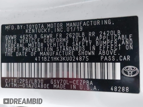2019 Toyota Camry XSE with VIN 4T1BZ1HK3KU024875, listed as a IAAI auction lot 40952896 with 151,535 mi miles and . Bid and sale history available at DreamBid. Image 9.