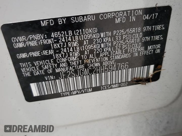 2017 Subaru Forester Touring with VIN JF2SJGWC2HH594766, listed as a Copart auction lot 50199083 with 51,189 mi miles and . Bid and sale history available at DreamBid. Image 13.