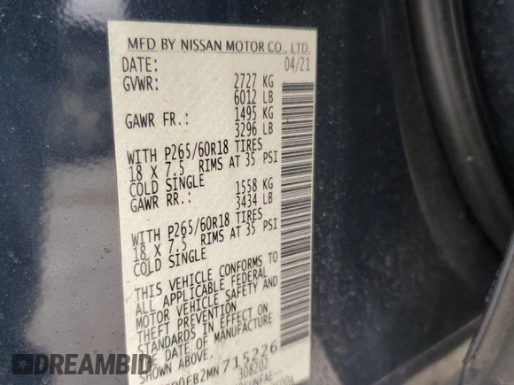 2021 Nissan Frontier SV with VIN 1N6ED0EB2MN715226, listed as a Copart auction lot 76063594 with 33,375 mi miles and Salvage title. Bid and sale history available at DreamBid. Image 12.