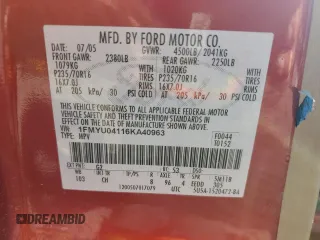 2006 Ford Escape Limited with VIN 1FMYU04116KA40963, listed as a Copart auction lot 61600525 with 208,696 mi miles and Salvage title. Bid and sale history available at DreamBid. Image 14.