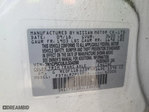 2018 Nissan Kicks SR with VIN 3N1CP5CU8JL534200, listed as a Copart auction lot 44972475 with 38,733 mi miles and Salvage Title. Bid and sale history available at carsss.com. Image 12.