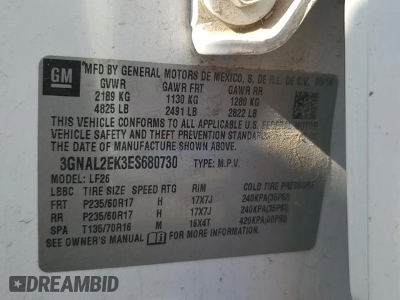 2014 Chevrolet Captiva Sport LS with VIN 3GNAL2EK3ES680730, listed as a Copart auction lot 62263474 with 142,134 mi miles and Salvage Title. Bid and sale history available at DreamBid. Image 16.