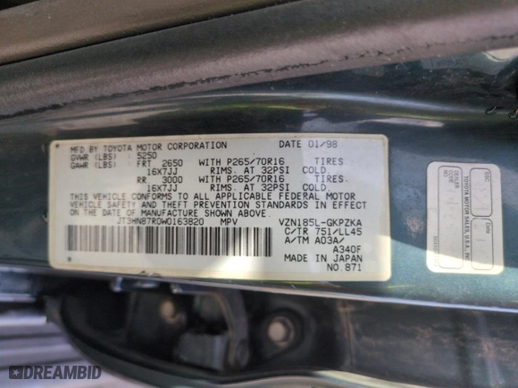 1998 Toyota 4Runner Limited with VIN JT3HN87R0W0163820, listed as a Copart auction lot 52324365 with 346,268 mi miles and Salvage Title. Bid and sale history available at carsss.com. Image 13.
