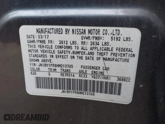 2017 Infiniti Q70L 3.7 with VIN JN1BY1PR9HM210745, listed as a IAAI auction lot 41511737 with 75,978 mi miles. Bid and sale history available at carsss.com. Image 9.