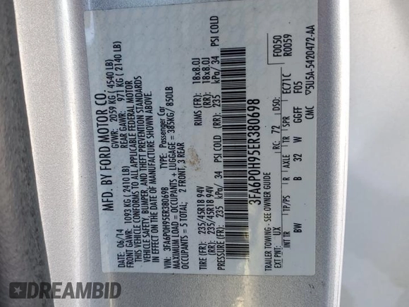 2014 Ford Fusion SE with VIN 3FA6P0H95ER380698, listed as a Copart auction lot 45955785 with 190,200 mi miles and Clean Title. Bid and sale history available at carsss.com. Image 12.