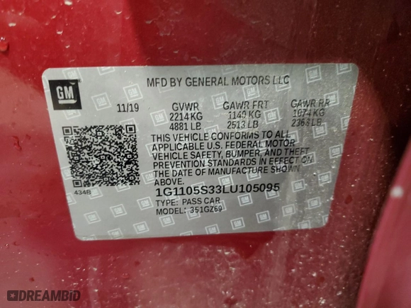 2020 Chevrolet Impala Premier with VIN 1G1105S33LU105095, listed as a Copart auction lot 48804095 with 70,546 mi miles and Salvage Title. Bid and sale history available at carsss.com. Image 13.