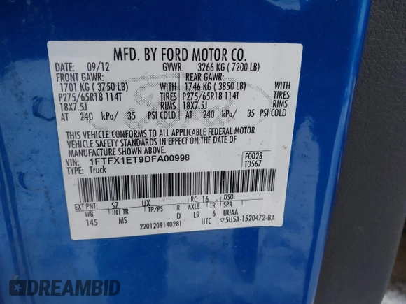 2013 Ford F-150 XL with VIN 1FTFX1ET9DFA00998, listed as a IAAI auction lot 41216058 with 168,995 mi miles and . Bid and sale history available at DreamBid. Image 9.