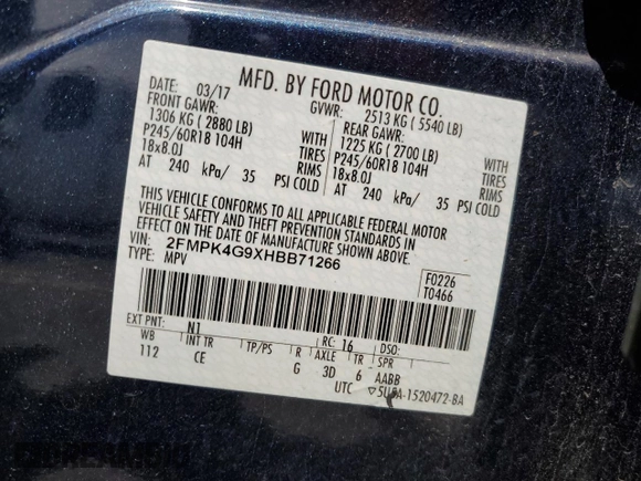 2017 Ford Edge SE с VIN 2FMPK4G9XHBB71266, выставлен на аукционе Copart как лот 56884005 с пробегом 71 887 миль миль и Списание • Salvage title. История ставок и продаж доступна на DreamBid. Изображение 13.