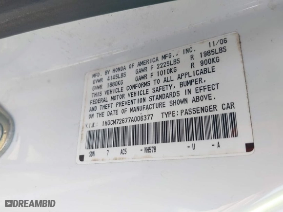 2007 Honda Accord Cpe EX-L with VIN 1HGCM72677A006377, listed as a IAAI auction lot 41750701 with 185,131 mi miles. Bid and sale history available at carsss.com. Image 9.
