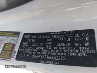 2017 Kia Forte LX with VIN 3KPFK4A71HE082296, listed as a IAAI auction lot 41860381 with 84,130 mi miles. Bid and sale history available at carsss.com. Image 9.