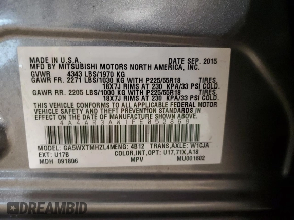 2015 Mitsubishi Outlander Sport 2.4 ES with VIN 4A4AR3AW1FE052868, listed as a Copart auction lot 44919265 with 115,346 mi miles and Salvage Title. Bid and sale history available at carsss.com. Image 12.