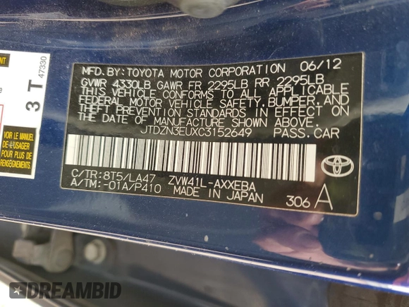 2012 Toyota Prius Two with VIN JTDZN3EUXC3152649, listed as a Copart auction lot 51995235 with 162,140 mi miles and Salvage Title. Bid and sale history available at DreamBid. Image 14.