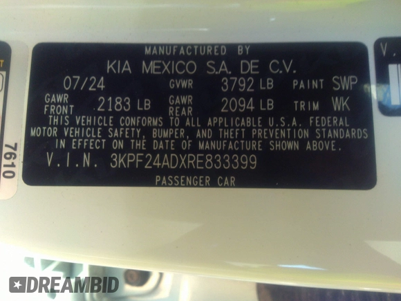 2024 Kia Forte LXS with VIN 3KPF24ADXRE833399, listed as a IAAI auction lot 41327658 with 6,360 mi miles. Bid and sale history available at carsss.com. Image 9.