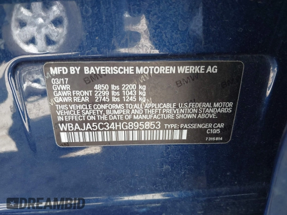 2017 BMW 5 Series 530i with VIN WBAJA5C34HG895853, listed as a IAAI auction lot 42207876 with 106,500 mi miles and . Bid and sale history available at DreamBid. Image 9.