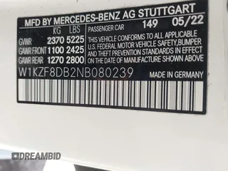 2022 Mercedes-Benz E-Class E 350 with VIN W1KZF8DB2NB080239, listed as a IAAI auction lot 41637690 with 21,587 mi miles. Bid and sale history available at carsss.com. Image 9.