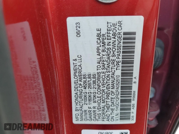 2023 Honda Accord EX-L with VIN 1HGCY2F62PA052510, listed as a Copart auction lot 53466345 with 21,079 mi miles and Salvage title. Bid and sale history available at DreamBid. Image 13.