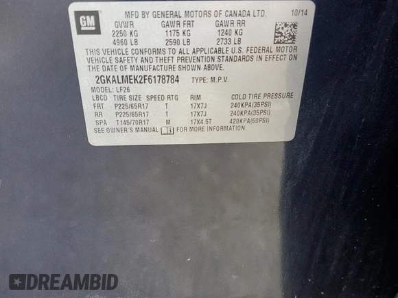 2015 GMC Terrain SLE с VIN 2GKALMEK2F6178784, выставлен на аукционе Copart как лот 64973255 с пробегом 152 560 миль миль и Списание • Salvage title. История ставок и продаж доступна на DreamBid. Изображение 13.