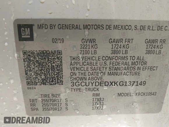 2019 Chevrolet Silverado 1500 LT with VIN 3GCUYDEDXKG137149, listed as a IAAI auction lot 41408572 with 69,306 mi miles. Bid and sale history available at carsss.com. Image 9.