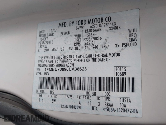 2008 Ford Explorer XLT with VIN 1FMEU73898UA38623, listed as a IAAI auction lot 42044003 with 235,591 mi miles. Bid and sale history available at carsss.com. Image 9.