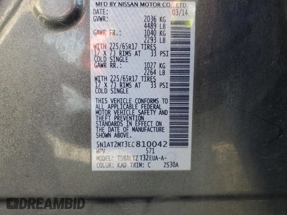 2014 Nissan Rogue SV with VIN 5N1AT2MT3EC810042, listed as a Copart auction lot 55498375 with 108,918 mi miles and Salvage Title. Bid and sale history available at DreamBid. Image 14.