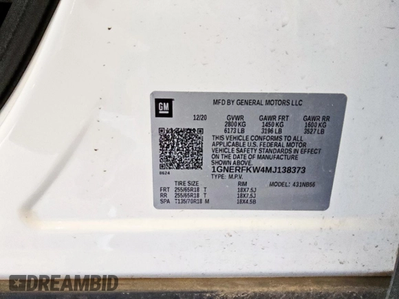 2021 Chevrolet Traverse LS z VIN 1GNERFKW4MJ138373, wystawiony jako Copart lot #56994505 z przebiegiem 64 609 mil mil oraz Czysty tytuł • Clean title. Historia ofert i sprzedaży dostępna na DreamBid. Obrazek 12.