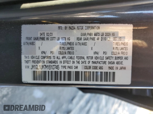 2021 Mazda 6 Sport with VIN JM1GL1UM7M1610745, listed as a Copart auction lot 88532305 with 61,325 mi miles and Salvage Title. Bid and sale history available at carsss.com. Image 12.