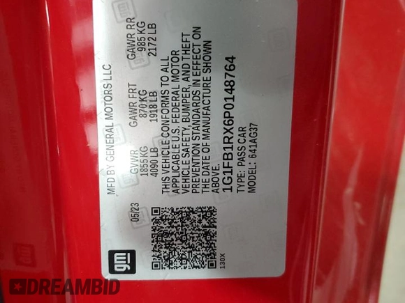 2023 Chevrolet Camaro 1LT с VIN 1G1FB1RX6P0148764, выставлен на аукционе Copart как лот 55076935 с пробегом 30 748 миль миль и Списание • Salvage title. История ставок и продаж доступна на DreamBid. Изображение 12.