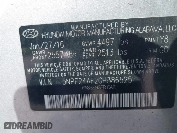 2016 Hyundai Sonata SE with VIN 5NPE24AF2GH386525, listed as a IAAI auction lot 42429207 with 125,833 mi miles and . Bid and sale history available at DreamBid. Image 9.