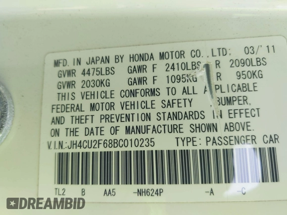 2011 Acura TSX with VIN JH4CU2F68BC010235, listed as a IAAI auction lot 42745670 with 167,057 mi miles and . Bid and sale history available at DreamBid. Image 9.