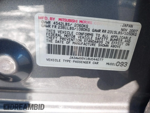 2008 Mitsubishi Lancer Evolution GSR with VIN JA3AW86V18U044077, listed as a IAAI auction lot 41208625 with 157,788 mi miles. Bid and sale history available at carsss.com. Image 9.