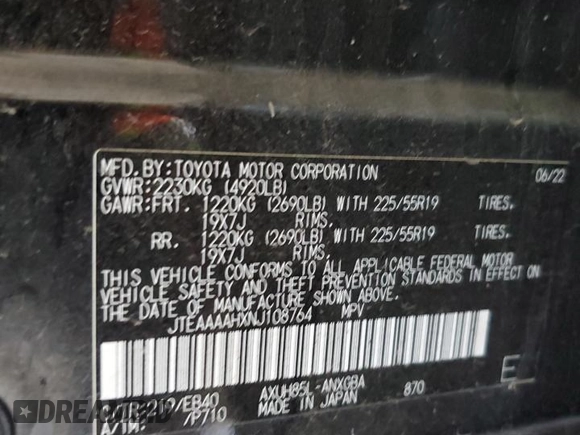 2022 Toyota Venza LE with VIN JTEAAAAHXNJ108764, listed as a Copart auction lot 63929434 with 30,431 mi miles and Salvage Title. Bid and sale history available at carsss.com. Image 12.