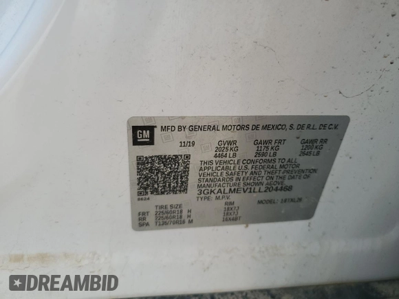 2020 GMC Terrain SLE with VIN 3GKALMEV1LL204468, listed as a Copart auction lot 59158535 with 77,942 mi miles and Salvage title. Bid and sale history available at DreamBid. Image 12.