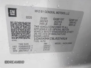 2020 Chevrolet Suburban LT with VIN 1GNSKHKC6LR274514, listed as a IAAI auction lot 42594553 with 38,291 mi miles and . Bid and sale history available at DreamBid. Image 9.