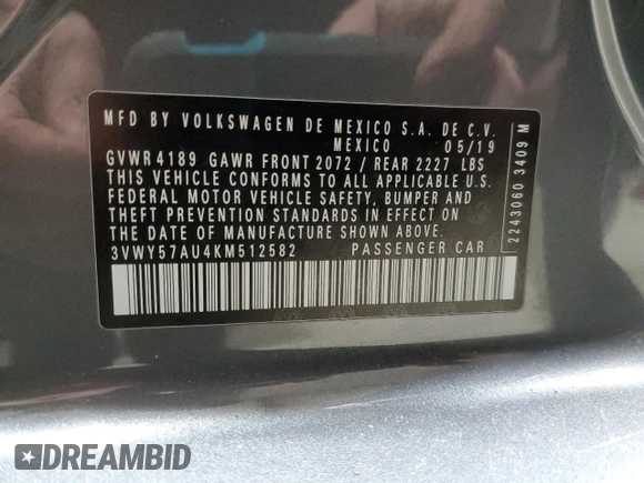 2019 Volkswagen Golf S z VIN 3VWY57AU4KM512582, wystawiony jako Copart lot #49403665 z przebiegiem 103 138 mil mil oraz Szkoda całkowita • Salvage title. Historia ofert i sprzedaży dostępna na DreamBid. Obrazek 12.