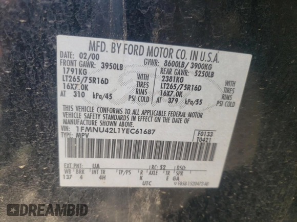 2000 Ford Excursion Limited with VIN 1FMNU42L1YEC61687, listed as a Copart auction lot 67590714 with 219,386 mi miles and Salvage title. Bid and sale history available at DreamBid. Image 12.