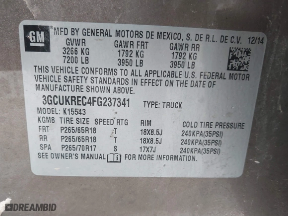 2015 Chevrolet Silverado 1500 LT with VIN 3GCUKREC4FG237341, listed as a IAAI auction lot 41813464 with 108,751 mi miles. Bid and sale history available at carsss.com. Image 9.