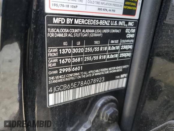 2008 Mercedes-Benz R 3.5L with VIN 4JGCB65E78A078923, listed as a Copart auction lot 50677685 with 179,340 mi miles and Salvage Title. Bid and sale history available at carsss.com. Image 14.