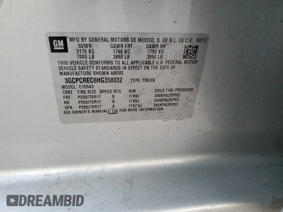 2017 Chevrolet Silverado 1500 LT with VIN 3GCPCREC8HG358032, listed as a Copart auction lot 50010085 with 136,743 mi miles and Clean Title. Bid and sale history available at DreamBid. Image 12.