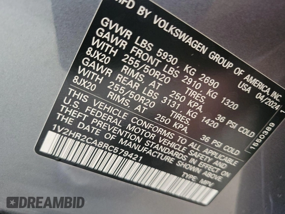 2024 Volkswagen Atlas SE with VIN 1V2HR2CA8RC579421, listed as a IAAI auction lot 42850666 with 18,926 mi miles and . Bid and sale history available at DreamBid. Image 2.