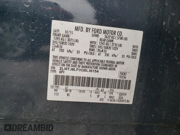 2016 Lincoln MKX Reserve with VIN 2LMTJ8LP3GBL36154, listed as a Copart auction lot 82010124 with 116,573 mi miles and Salvage Title. Bid and sale history available at DreamBid. Image 12.